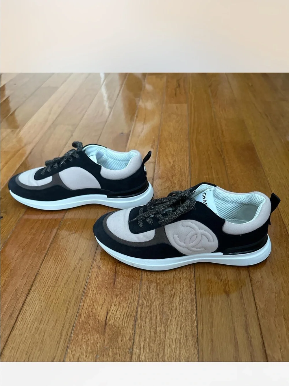 CHANEL Black and Beige Low-Top Logo Sneakers